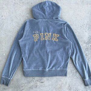 Vintage Y2K PINK VS Hoodie Zip Up Jacket Velour Gray Material Medium